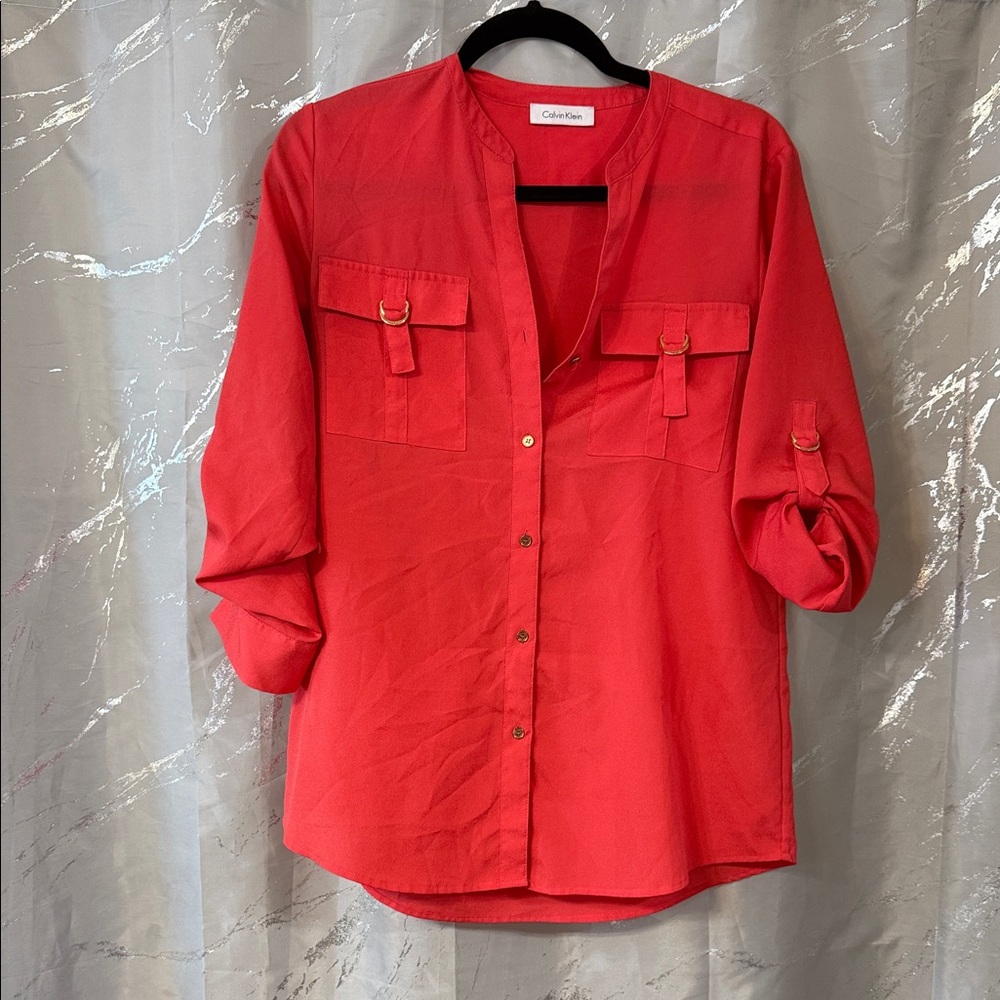 Calvin Klein Women's Vibrant Red Button-Down Shirt